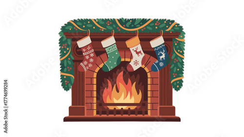 A warm fireplace adorned with Christmas stockings, creating a cozy holiday atmosphere.