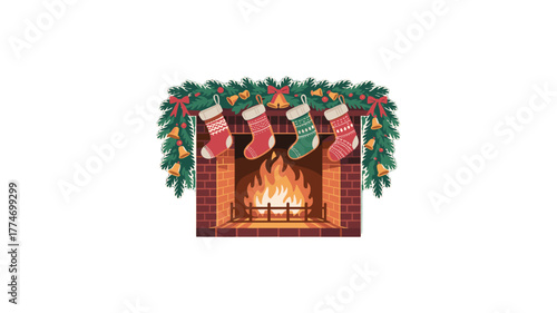 A cozy fireplace decorated with Christmas stockings, with a warm fire blazing.