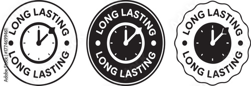 Three long lasting clock icons in black and white time, clock, lasting, long, icon, black, white, arrow, round, circle, symbol, sign, vector, graphic, illustration, design, watch, hour, minute, second