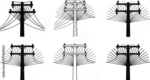 Set of electric utility poles with multiple power lines, detailed black and white vector illustration, electricity distribution network design, engineering art