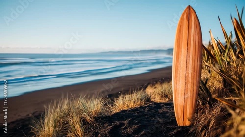 Wooden surfboard on beach with ocean and blue sky copy space