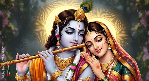 Divine Love: Radha Krishna Playing Flute with Halo and Peacock Feather