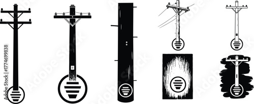 Set of minimalist electric utility pole vector illustrations, black and white power line design, industrial electricity distribution artwork, modern engineering graphic