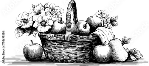 Engraved spring picnic still life with fruits, flowers, and basket art design