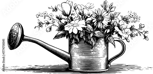 Detailed engraved spring still life of flowers in a watering can