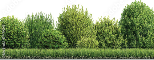 Diverse green bushes and tall grass with gravel border against white background shrub plant