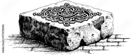 Engraved square tile interlaced vines rosette vintage pattern design ornament decoration historic intricate stone art. Classical decorative motif with detailed ornamental craftsmanship.
