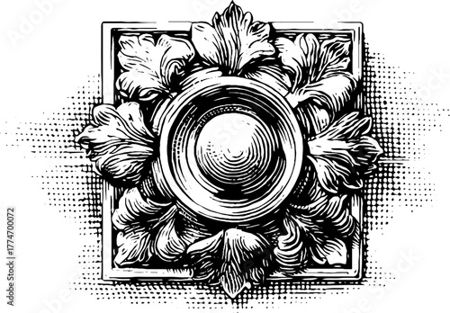 Ornate square tile with interlaced vines and rosette design for print or card