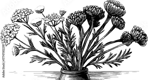 Vintage engraving of still life bouquet with wild herbs in retro style for decor