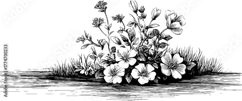 Vintage illustration of wild herb bouquet still life for design and decor