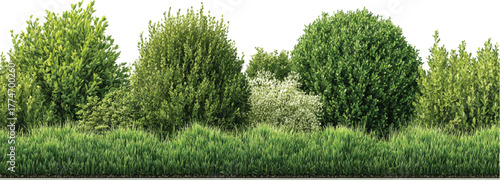 Contour of tall coniferous trees, set of beautiful Bushes and Shrubs Vector Set – Realistic Green Plants and Grass Isolated for Landscape Design Illustration on transparent background