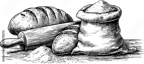 Vintage engraved still life composition with bread loaves and rolling pin for rustic kitchen decor