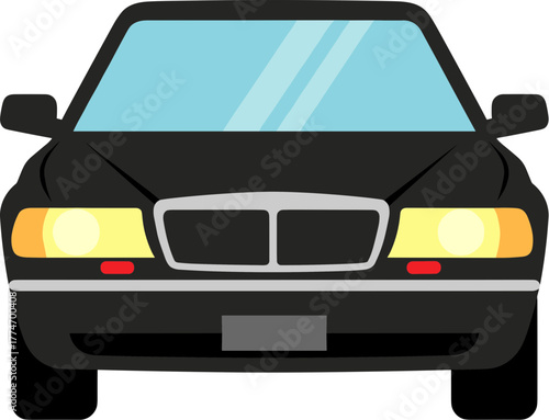 Flat Style Detailed Black Sedan Car Front View Transportation