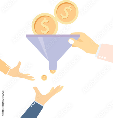 Exploitation system, giant holding funnel to filter gold coins to small businessman

