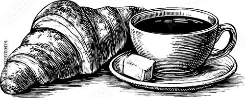 Vintage breakfast scene with croissant and butter on table - hand drawn engraving for retro kitchen decor