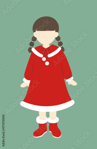 サンタ風の赤いワンピースを着たおさげ髪の女の子のイラスト素材(顔なしver.)