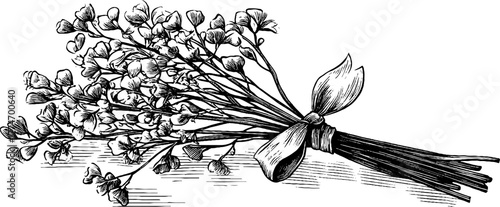 Vintage botanical still life with tied dried flowers engraved sketch for retro design