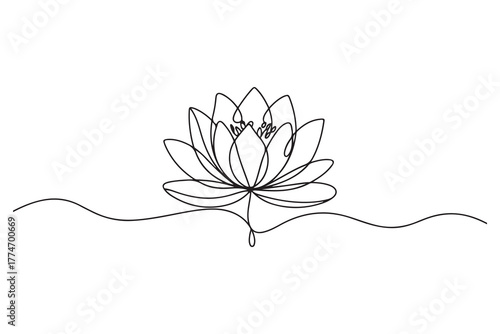 Simple modern continuous one line drawing of lotus flower and leaf in minimalist aesthetic style for spa, yoga and floral logo design
