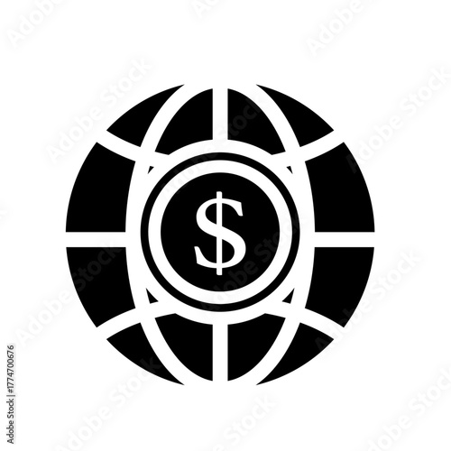 Global finance vector: dollar coin centered on a world globe for worldwide business and economy.