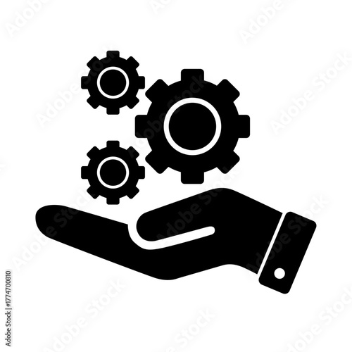 Service solution vector: open hand holding three interconnected gears for maintenance and control.