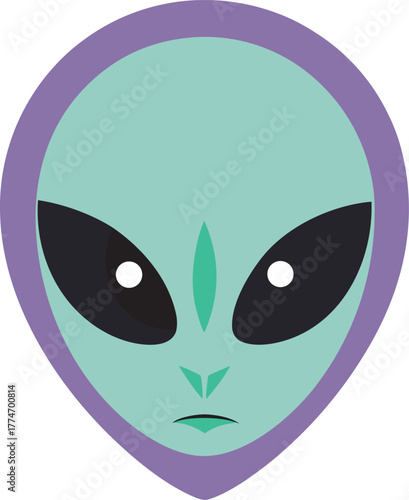 Minimalist alien head vector with large oval eyes and purple outline extraterrestrial face
