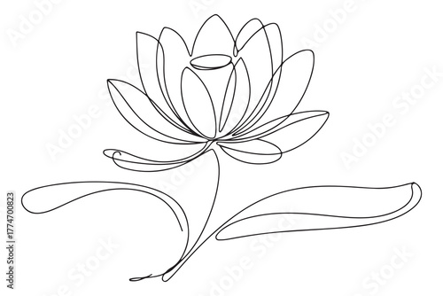 Simple modern continuous one line drawing of lotus flower and leaf in minimalist aesthetic style for spa, yoga and floral logo design
