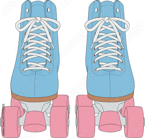 Illustration of Retro Style Roller Skate with Pink Wheels and Blue Boot
