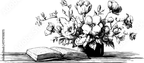 Vintage floral bouquet and open book silhouette sketch for poetic inspirations and design