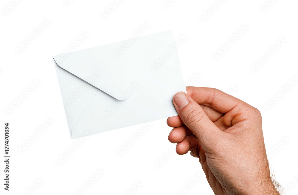 Fototapeta premium A human hand isolated on black background, holding a white envelope at an angle