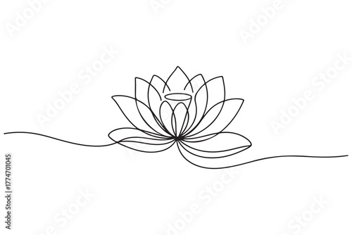 Simple modern continuous one line drawing of lotus flower and leaf in minimalist aesthetic style for spa, yoga and floral logo design
