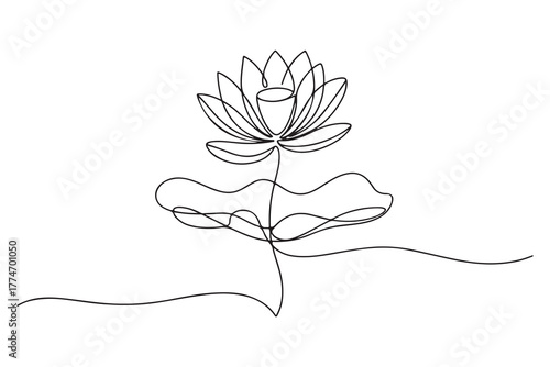 Simple modern continuous one line drawing of lotus flower and leaf in minimalist aesthetic style for spa, yoga and floral logo design
