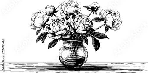 Elegant hand drawn peony bouquet in crystal vase still life engraving for artistic design