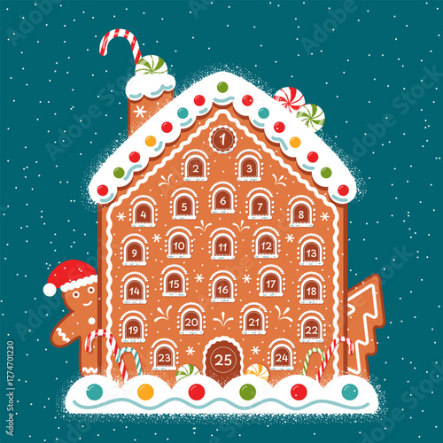 Christmas winter advent calendar featuring a gingerbread house with sweets. December holiday dates. Vector illustration.
