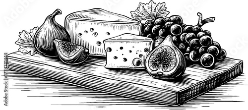 Engraved still life cheese platter figs grapes culinary art design vintage sketch hand drawn engraving illustration. Rustic gourmet food composition with classic detailed style.

