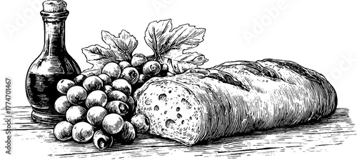 Vintage still life with bread loaf, olive oil bottle, and grapes - retro design for print or poster