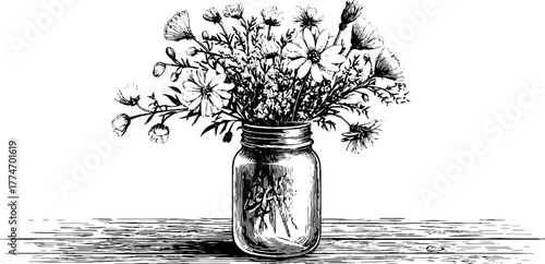 Wildflowers still life mason jar vintage floral art engraving hand drawn retro etch. Elegant rustic bouquet illustration with delicate botanical beauty and classic harmony.
