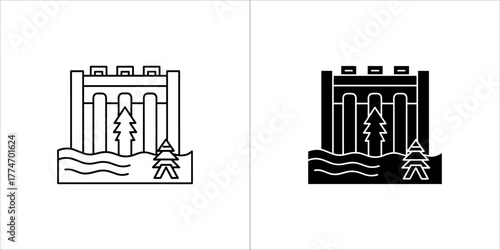 Hydro power plant outline and glyph icon in vector