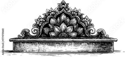 Ornate engraved stone panel with symmetrical arabesque and floral design