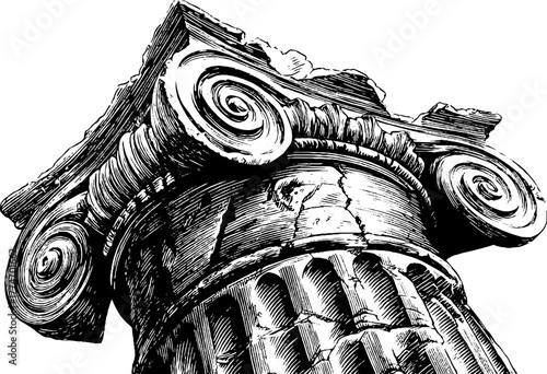 Ancient stone column fragment with eroded texture and intricate engraved details