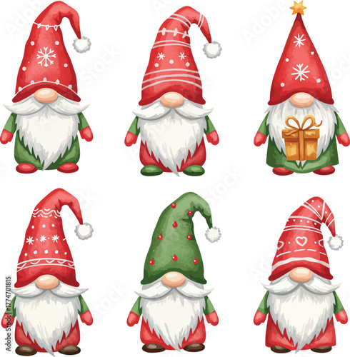 Six adorable watercolor christmas gnomes wearing festive red hats and green outfits