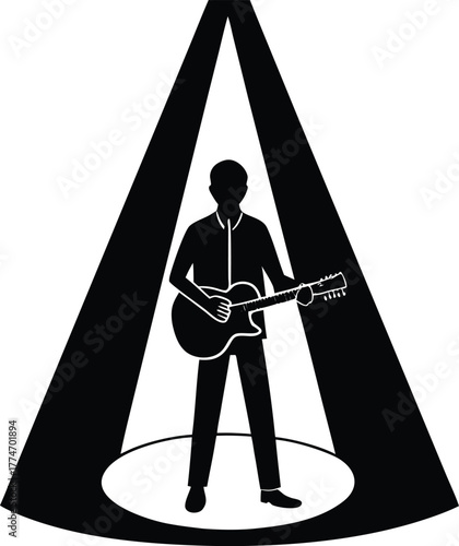 Guitarist Standing in Spotlight with Geometric Beams
