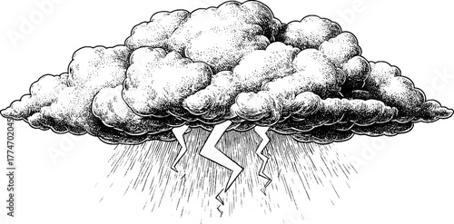 Dramatic vintage storm cloud with lightning bolts - hand drawn engraving for retro design