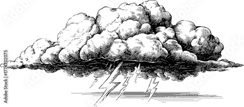 Vintage engraved storm cloud with lightning bolts for weather design and print projects