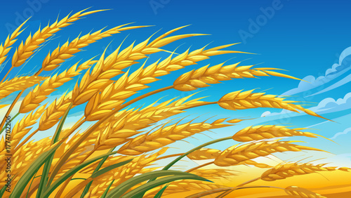 Very beautiful close-up of golden rice ears gently swaying in the wind under a vast blue sky, with ample copy space on the right side for text or design placement.