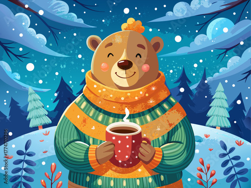 A happy bear in a cozy sweater holds a steaming mug of cocoa, surrounded by falling snowflakes, radiating warmth and peace