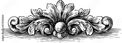 Vintage floral scrolls ornamental design - hand drawn engraved panel for decorative use