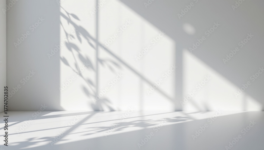 Obraz premium Minimal white interior with sunlight casting window and plant shadows on wall and floor, evoking calm and simplicity.