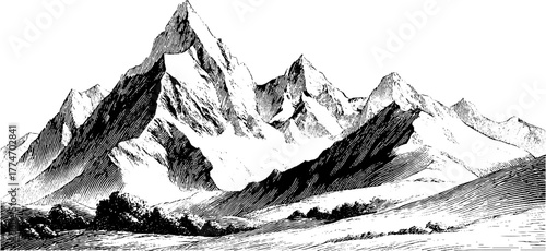 Engraved mountain and valley landscape pattern sketch for retro design