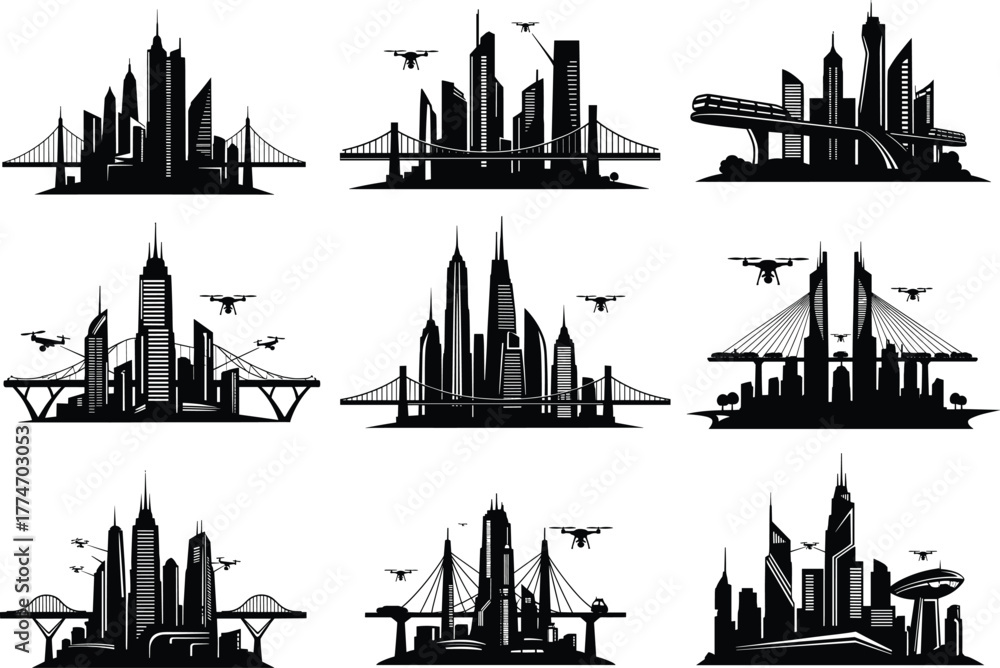 Fototapeta premium Modern cityscape silhouettes with drones, urban skyline vector set, black clipart, futuristic architecture, smart city design, tech icons