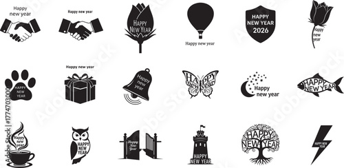 A collection of black and white happy new year, handshake, flower, balloon, shield,  themed illustrations